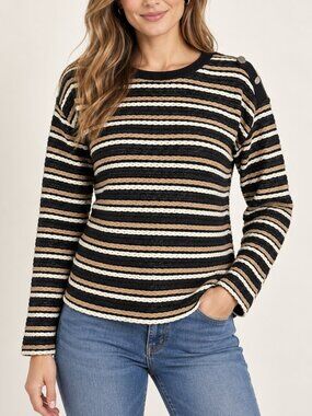 NAF NAF Metallic Stripe Textured Knit Sweater Button Shoulder Parisian Academia